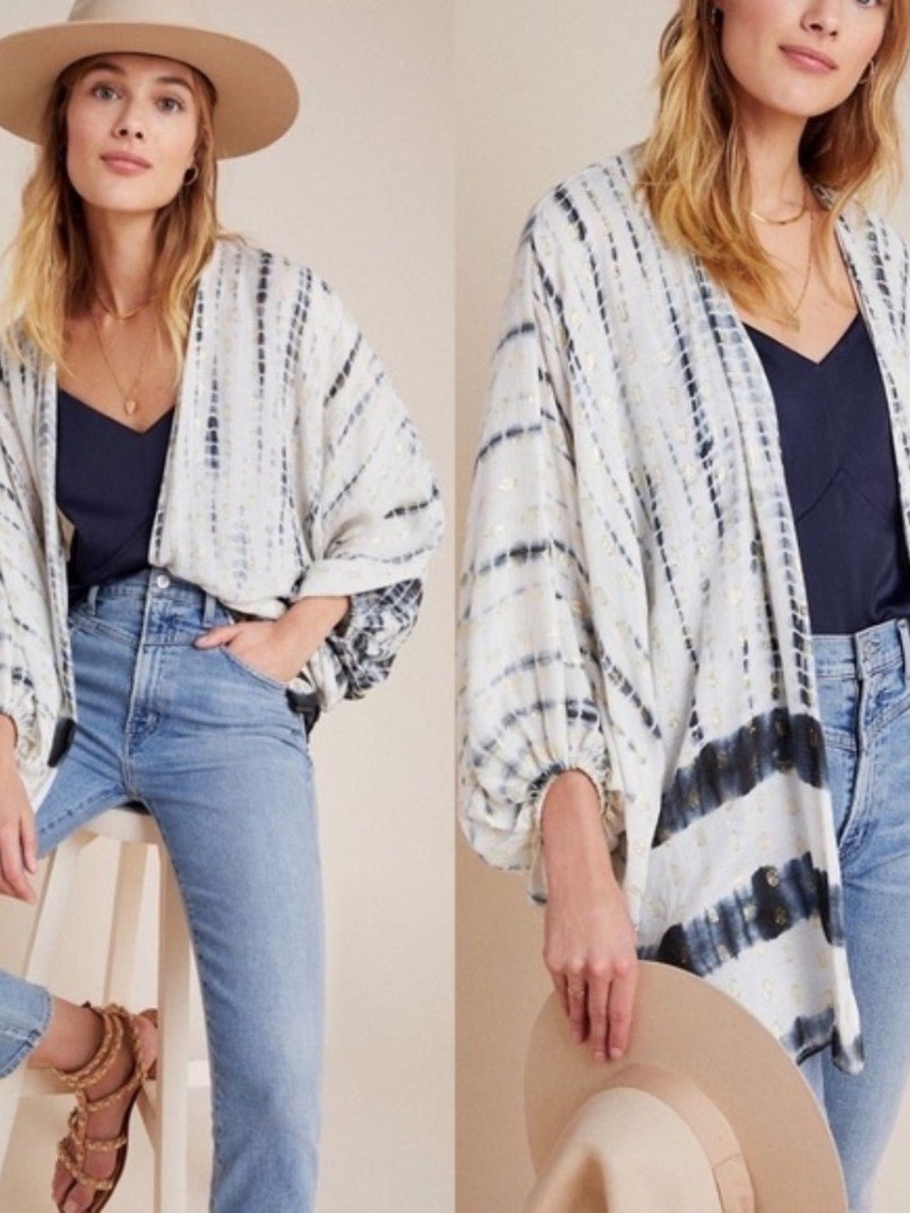 Anthropologie Boho Tie-Dye Open Front Kimono Jacket - White & Navy